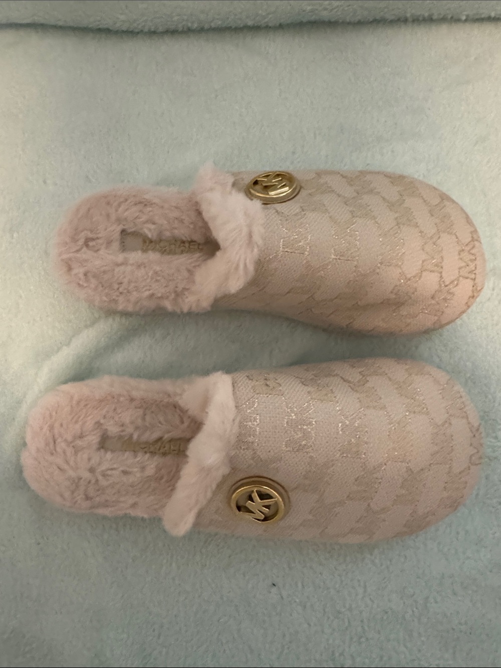 Michael Kors Pale Pink Faux-Fur Logo Slip-On Slippers